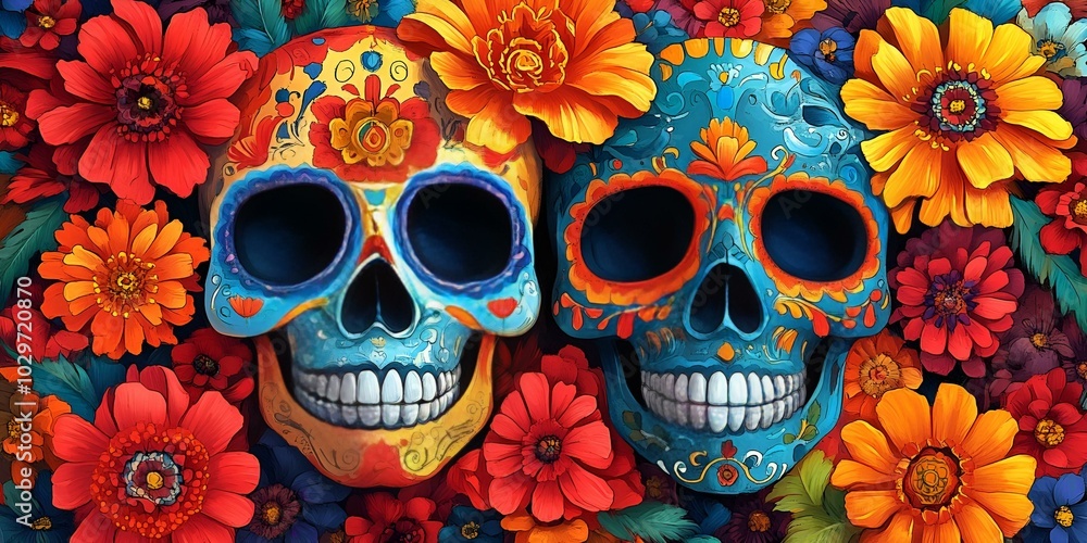 a couple of painted skulls with flowers
a couple of painted skulls with flowers