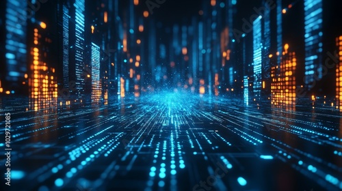 Abstract digital cityscape with blue lines connecting and orange lights illuminating the path  symbolizing innovation  technology  connectivity  progress  and future.