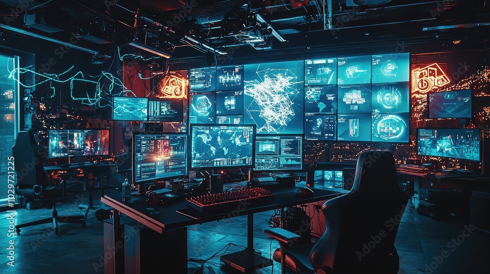 High-Tech Gaming Studio with Lively Display Screens High-Tech Gaming Studio with Lively Display Screens