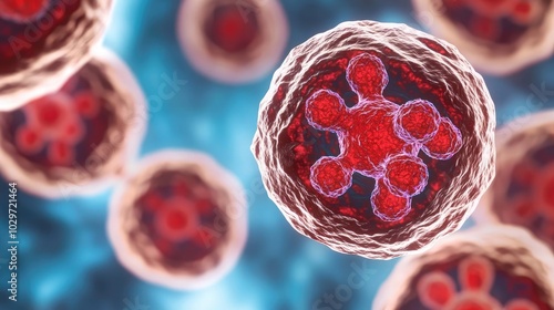 Microscopic view of cells with red structures on a blue background.