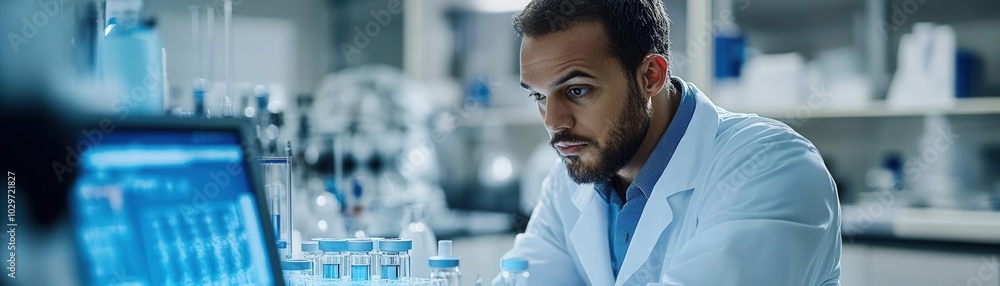 Fototapeta premium Researchers analyzing vaccine effectiveness using digital models in a high-tech lab data analysis, vaccine trials