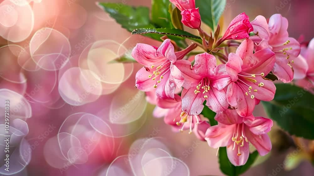 Pink flowers bloom in the sunlight with green leaves in the background Pink flowers bloom in the sunlight with green leaves in the background