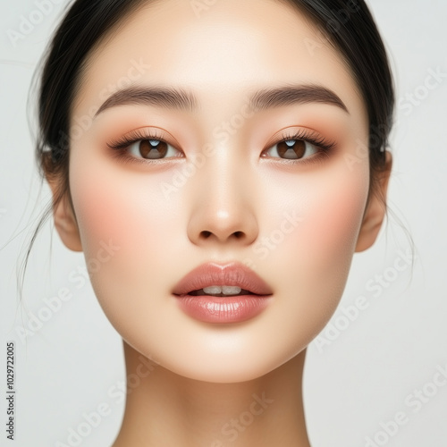 half body portrait of a beautiful asian modeling woman with healthy glowing fresh skin on a white background