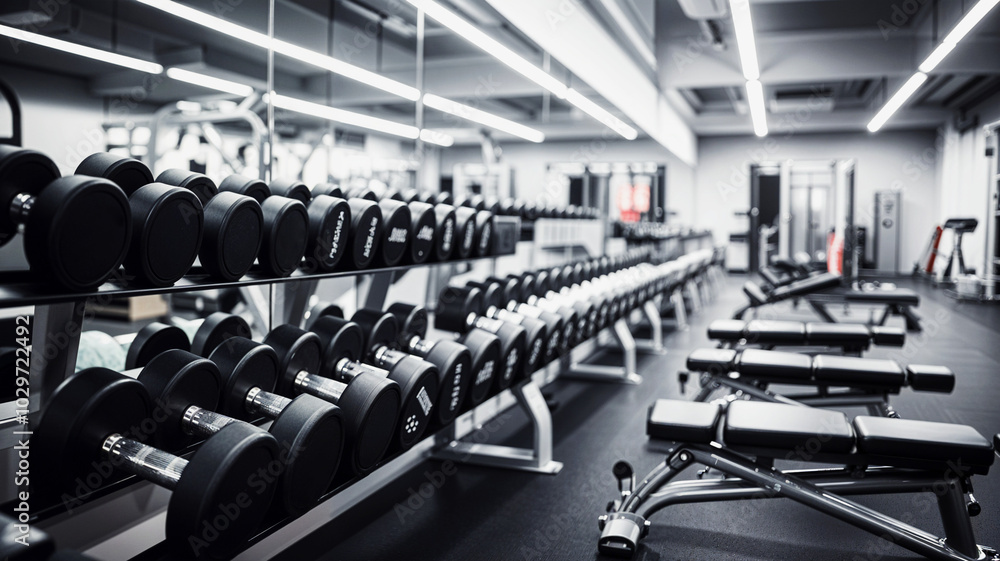 Fototapeta premium Gym weights rows, benches line, sleek modern workout space, bright lights, reflections, fitness equipment, empty clean