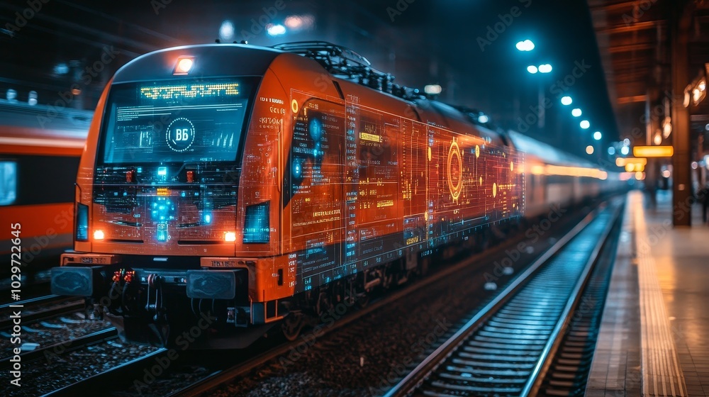 Naklejka premium Futuristic train with glowing digital display, waiting at a modern train station at night, symbolizing technology, transportation, progress, future, travel.