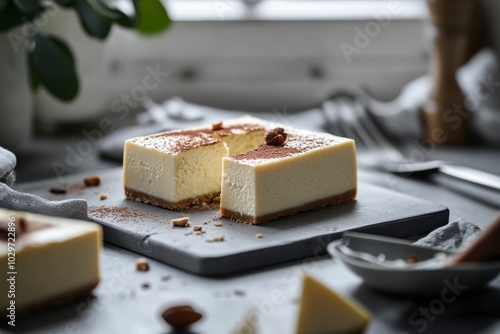 Indulge in exquisite cheesecake slices elegantly presented on a rustic board, highlighting creamy texture, graham cracker crust, and a touch of cocoa.