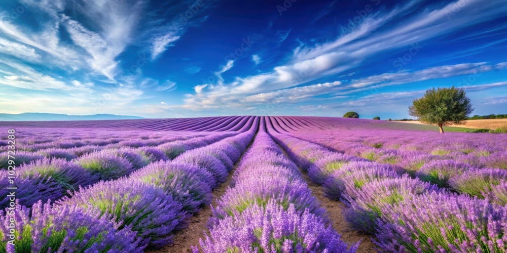 Obraz premium Tranquil lavender field under blue sky, showcasing the beauty of nature, lavender, field, blue sky, tranquil, nature