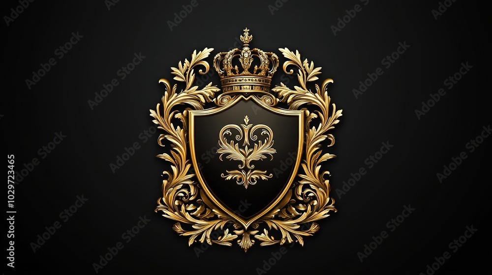 Fototapeta premium An elegant gold crescent emblem featuring a detailed shield adorned with decorative leaf flourishes, topped with a grand crown, and bordered by intricate ornamental foliage. 
