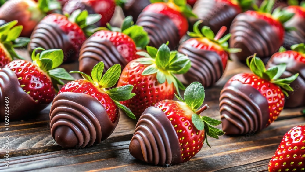 Obraz premium Close-up of chocolate-covered strawberries, chocolate, strawberries, dessert, sweet, red, treat, decadent, indulgent