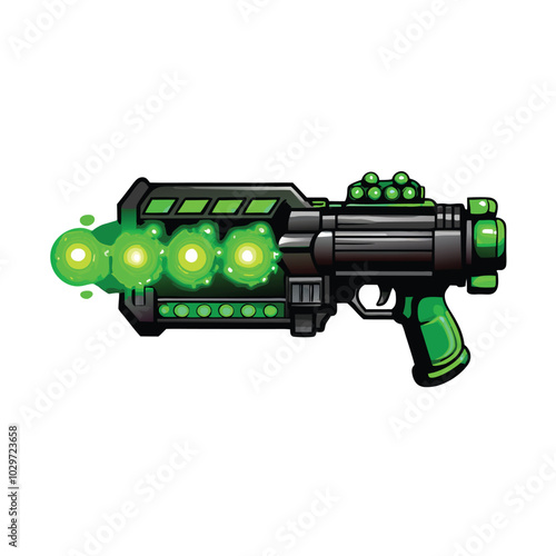 A futuristic plasma grenade launcher with green glowing plasma balls.