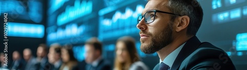 Business professionals analyzing procurement trends on digital screens during a meeting market analysis, procurement strategy