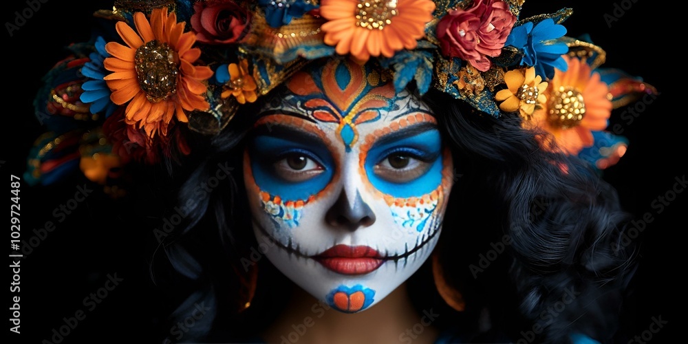 a person with face paint and flowers on her head
a person with face paint and flowers on her head