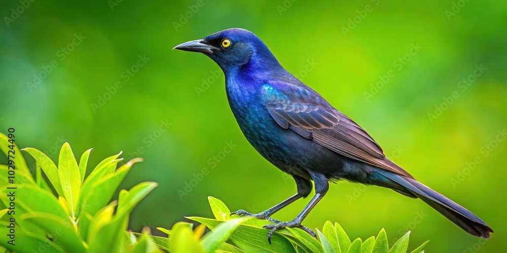 Carib grackle perched on a lush green background, Carib grackle, Greater Antillean blackbird Carib grackle perched on a lush green background, Carib grackle, Greater Antillean blackbird