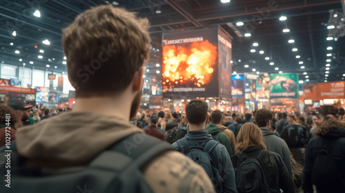 A gaming expo with booths and crowds of gamers exploring and participating in interactive sessions