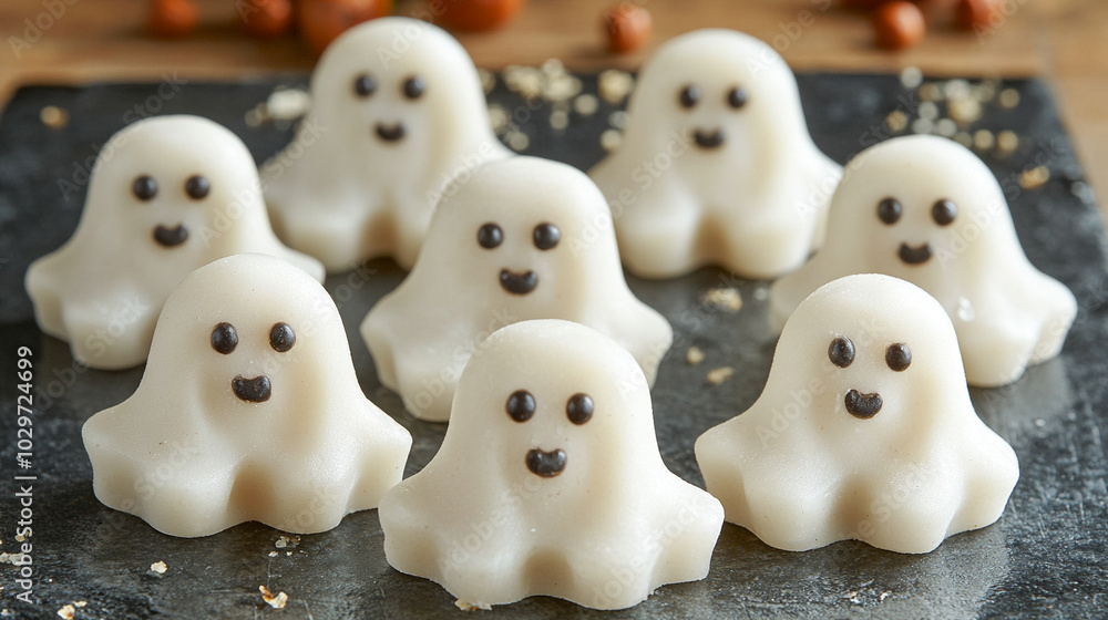 Cute, spooky Halloween treats shaped like ghosts. White marshmallow candies with playful expressions arranged on a festive surface, embodying Halloween fun and sweet indulgence Cute, spooky Halloween treats shaped like ghosts. White marshmallow candies with playful expressions arranged on a festive surface, embodying Halloween fun and sweet indulgence