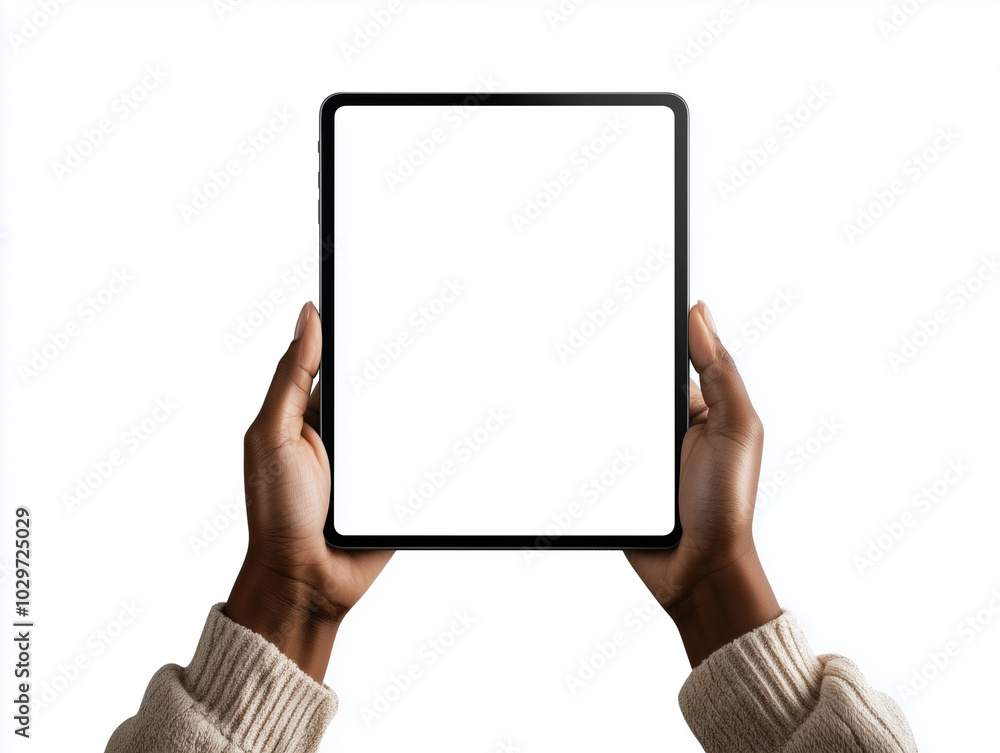 A pair of hands holding a tablet with a blank screen, isolated on a white background A pair of hands holding a tablet with a blank screen, isolated on a white background