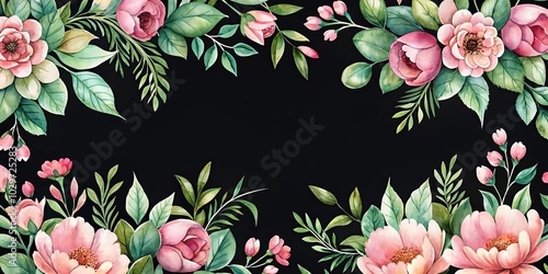 A Delicate Watercolor Floral Border of Pink Flowers and Green Leaves on a Black Background