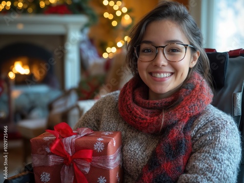 Sorriso no rosto de uma pessoa em cadeira de rodas ao receber um presente de Natal. Inclusão e acessibilidade no Natal photo