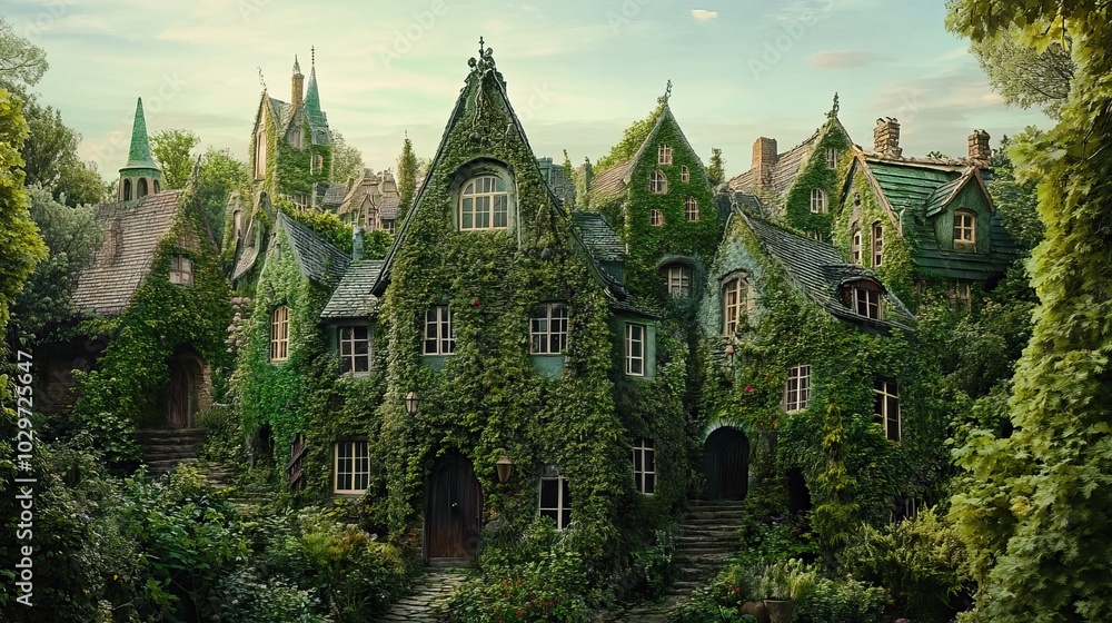 Fototapeta premium Enchanted Village: A Whimsical Cottage Cluster Covered in Vines