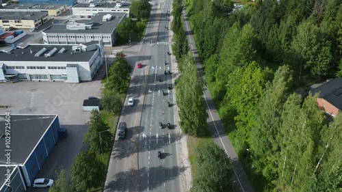 Aerial view of bikers on Harley Davidson group ride in Kerava, Finland photo