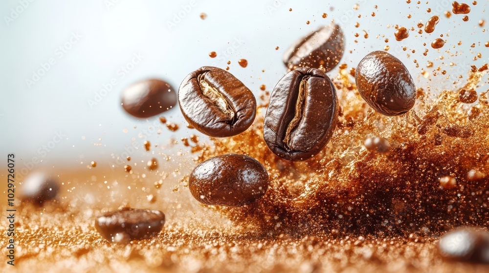 dynamic splash of coffee beans bursting outward against a crisp white background capturing the essence of freshness and energy in a bold artistic explosion dynamic splash of coffee beans bursting outward against a crisp white background capturing the essence of freshness and energy in a bold artistic explosion