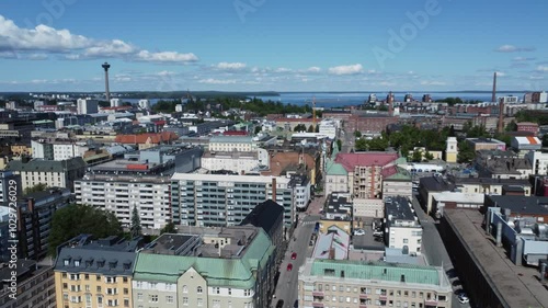 Low flyover of lakefront old Europe downtown of Tampere, Finland photo