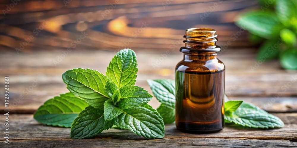 Brown glass bottle of essential oil with mint plant , aromatherapy, natural, organic, herbal, wellness Brown glass bottle of essential oil with mint plant , aromatherapy, natural, organic, herbal, wellness