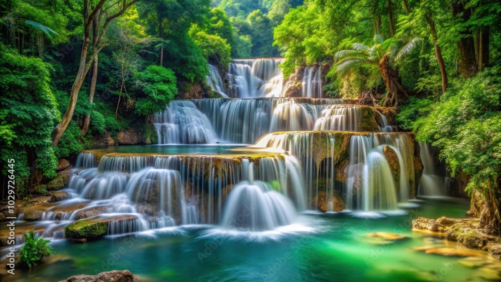 Beautiful Huay Mae Kamin waterfall surrounded by lush greenery and rocks, Thailand, national park, landscape, scenic, nature Beautiful Huay Mae Kamin waterfall surrounded by lush greenery and rocks, Thailand, national park, landscape, scenic, nature