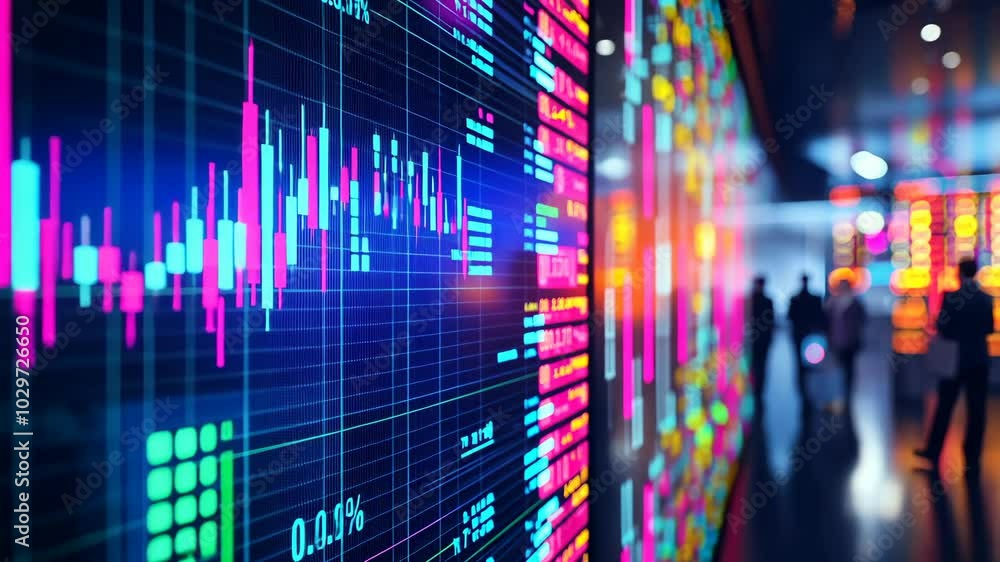 A large screen displays a stock market chart with various financial data, surrounded by a blurred background of people walking A large screen displays a stock market chart with various financial data, surrounded by a blurred background of people walking