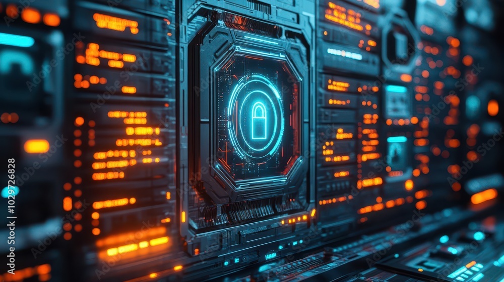 Copyright data encryption, virtual holographic locks, glowing security panels, futuristic tech setup Copyright data encryption, virtual holographic locks, glowing security panels, futuristic tech setup