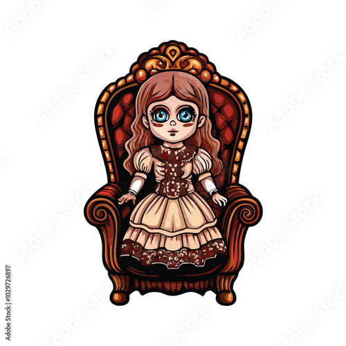 A detailed illustration of a porcelain doll wearing an intricate lace dress, sitting on a lavish, ornate chair.