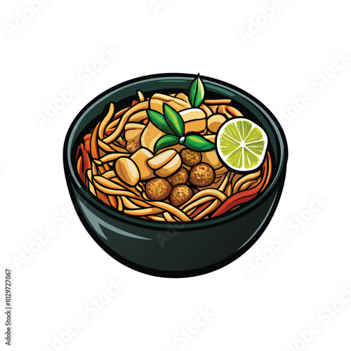 Create a realistic vector illustration of a bowl of pad thai with tofu, featuring a lime wedge and basil leaves.