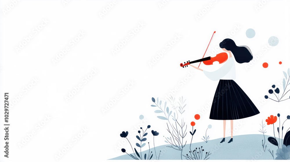 Obraz premium Purple watercolor painting of a woman is playing violin on the meadow