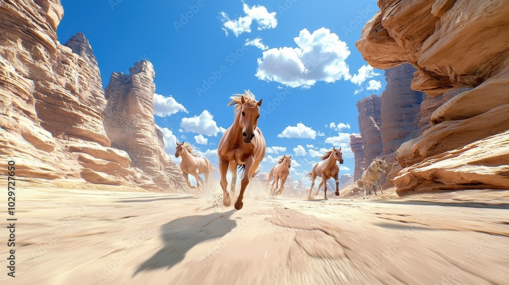 Majestic Wild Mustangs Galloping Through Desert Landscape Majestic Wild Mustangs Galloping Through Desert Landscape