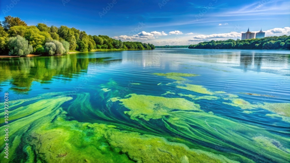 Blue-green algae bloom on the Dnieper river, water pollution, cyanobacteria, toxic, environment Blue-green algae bloom on the Dnieper river, water pollution, cyanobacteria, toxic, environment