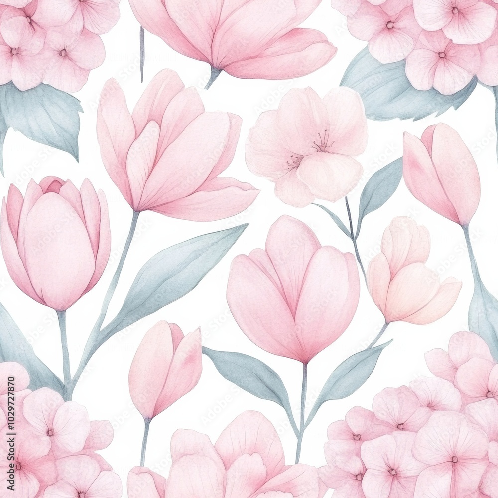 A seamless pattern with pink tulips and soft floral elements. Great for romantic-themed designs, textiles, and gift wrapping. A seamless pattern with pink tulips and soft floral elements. Great for romantic-themed designs, textiles, and gift wrapping.