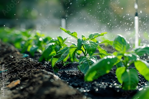 Green pepper seedlings growing in the ground. Selective focus