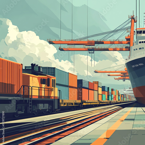 Cargo ship and freight train at docks photo