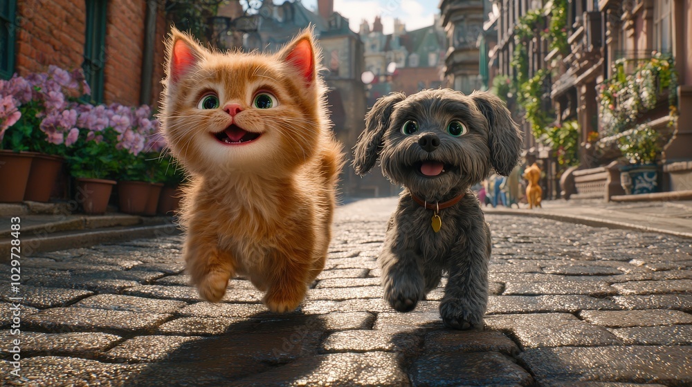 Lively Scene of Playful Pets in a Charming Neighborhood Lively Scene of Playful Pets in a Charming Neighborhood