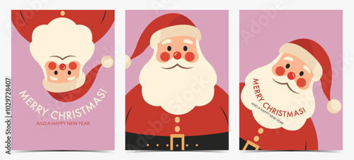 Merry Christmas - cute set of Christmas greeting cards, postcards, invitations with Santa Claus on light purple background, vector illustration