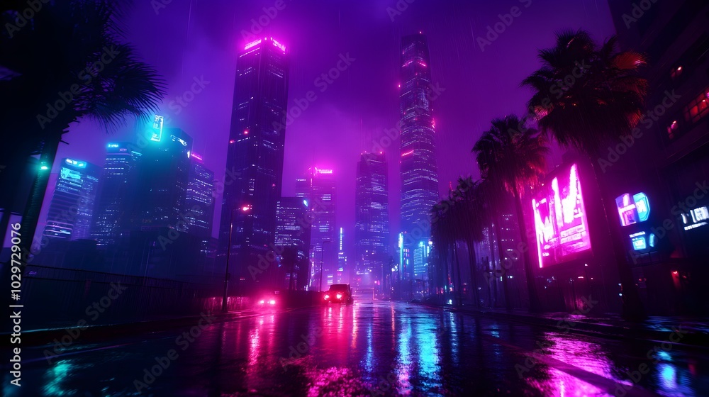Retro-futuristic skyscrapers rise under a moody sky, with neon-lit streets filled with massive graffiti murals, capturing the pulse of the city Retro-futuristic skyscrapers rise under a moody sky, with neon-lit streets filled with massive graffiti murals, capturing the pulse of the city