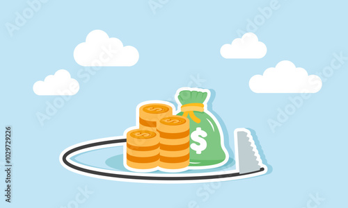 A saw cutting around money coins and a money bag, illustration of eliminating or resolving business assets facing issues