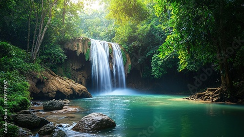 Majestic Waterfall Surrounded by Lush Greenery