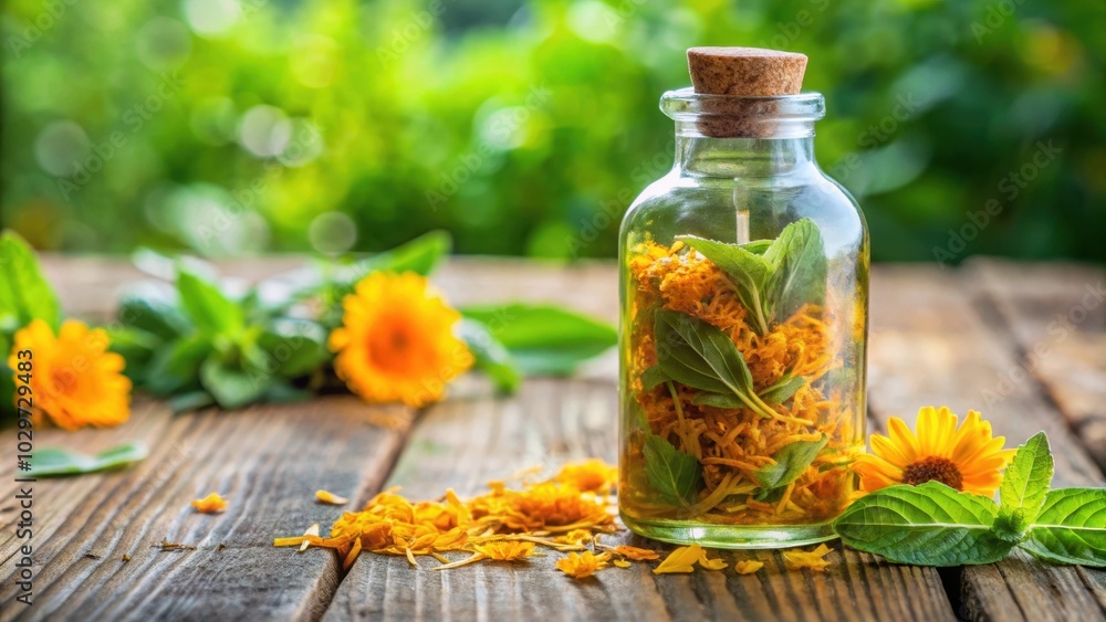 Mint tincture in a bottle with calendula, medicinal decoction , herbal remedy, alternative medicine Mint tincture in a bottle with calendula, medicinal decoction , herbal remedy, alternative medicine
