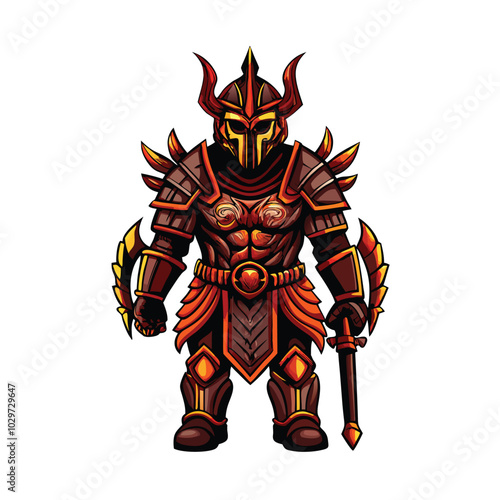 A detailed illustration of a warrior doll wearing intricately crafted armor, with a fiery red and gold color scheme.