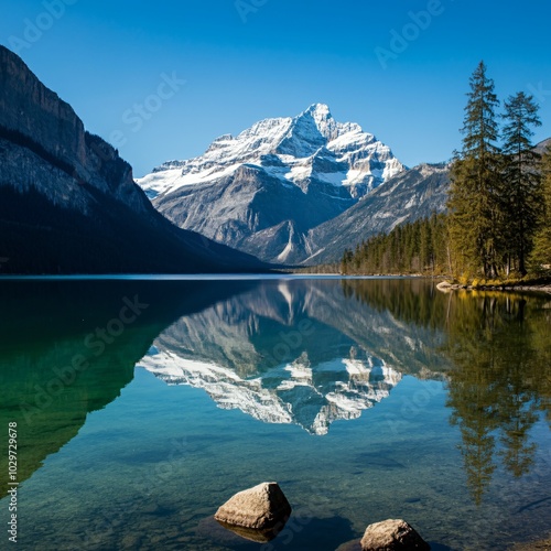 Crystal clear lake reflecting snow-capped mountains