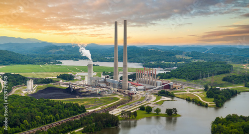 Photography Thermal power station producing electricity by burning coal fossil fuel