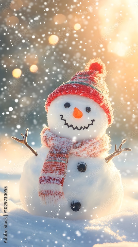 Winter holiday christmas background banner - Closeup of cute funny laughing snowman with wool hat and scarf, on snowy snow snowscape with bokeh lights, illuminated by the sun Winter holiday christmas background banner - Closeup of cute funny laughing snowman with wool hat and scarf, on snowy snow snowscape with bokeh lights, illuminated by the sun