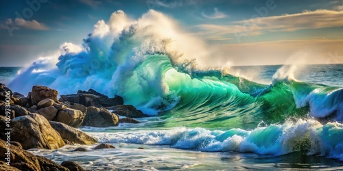 Sea ocean wave crashing over smooth rocks , ocean, wave, rocky, stones, water, foam, splash, power, nature, coastal