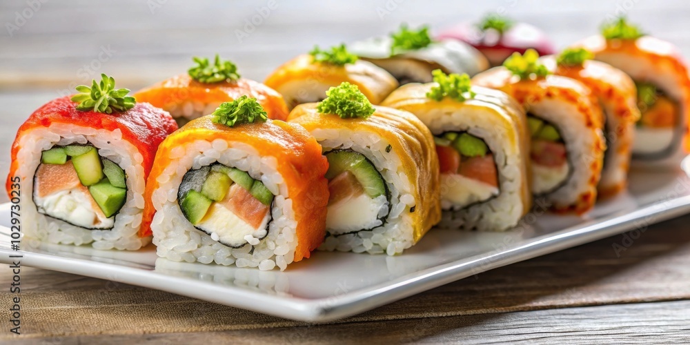 Assorted sushi rolls on a white plate, sushi, Japanese cuisine, raw fish, seafood, rice, traditional, healthy, delicious Assorted sushi rolls on a white plate, sushi, Japanese cuisine, raw fish, seafood, rice, traditional, healthy, delicious
